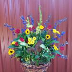 $200 Large dish garden with fresh flowers and fleur de lis keepsake.  (flower design and keepsake may vary)