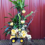 Combo plant basket with dump truck and fresh flowers $150